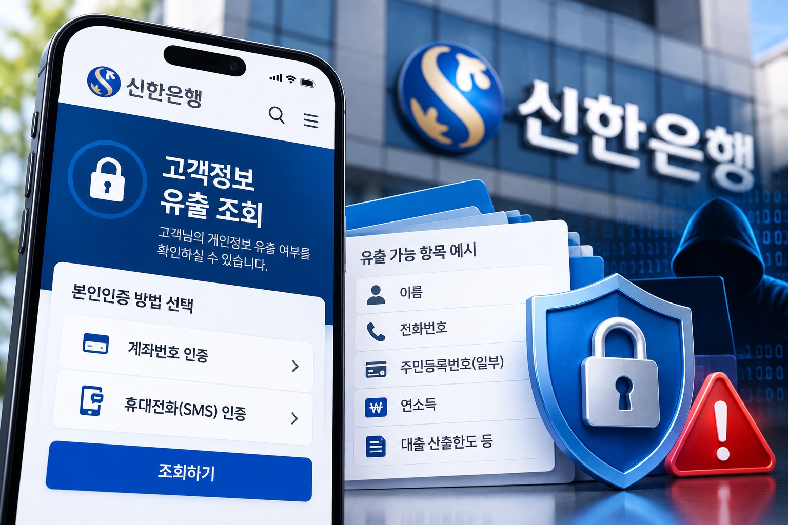 신한은행 개인정보 유출 확인 안내 이미지, 본인인증 방법과 유출 항목 및 보안 자물쇠