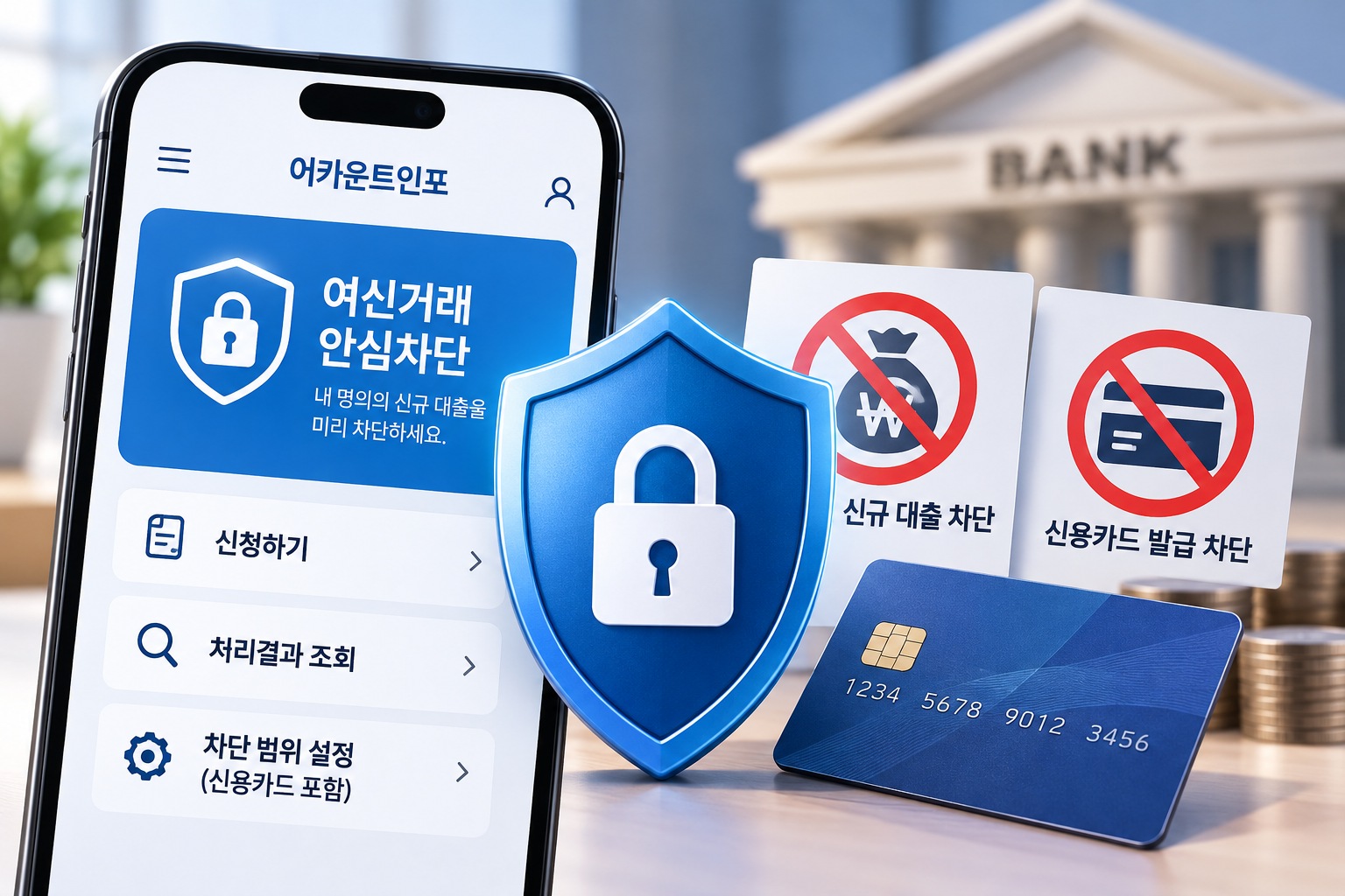 여신거래 안심차단 신청을 안내하는 이미지로, 어카운트인포 신청 화면과 신규 대출 차단, 신용카드 발급 차단을 상징하는 파란색 보안 방패와 자물쇠